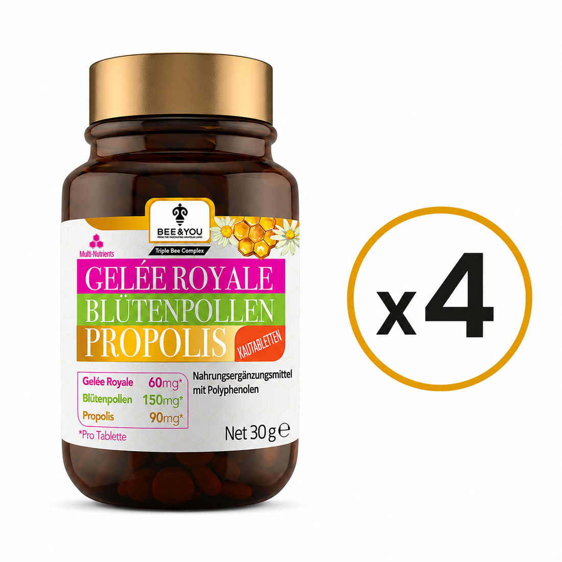 Gelée Royale Blütenpollen Propolis (Kautabletten - 60 Stk) | 4er Pack
